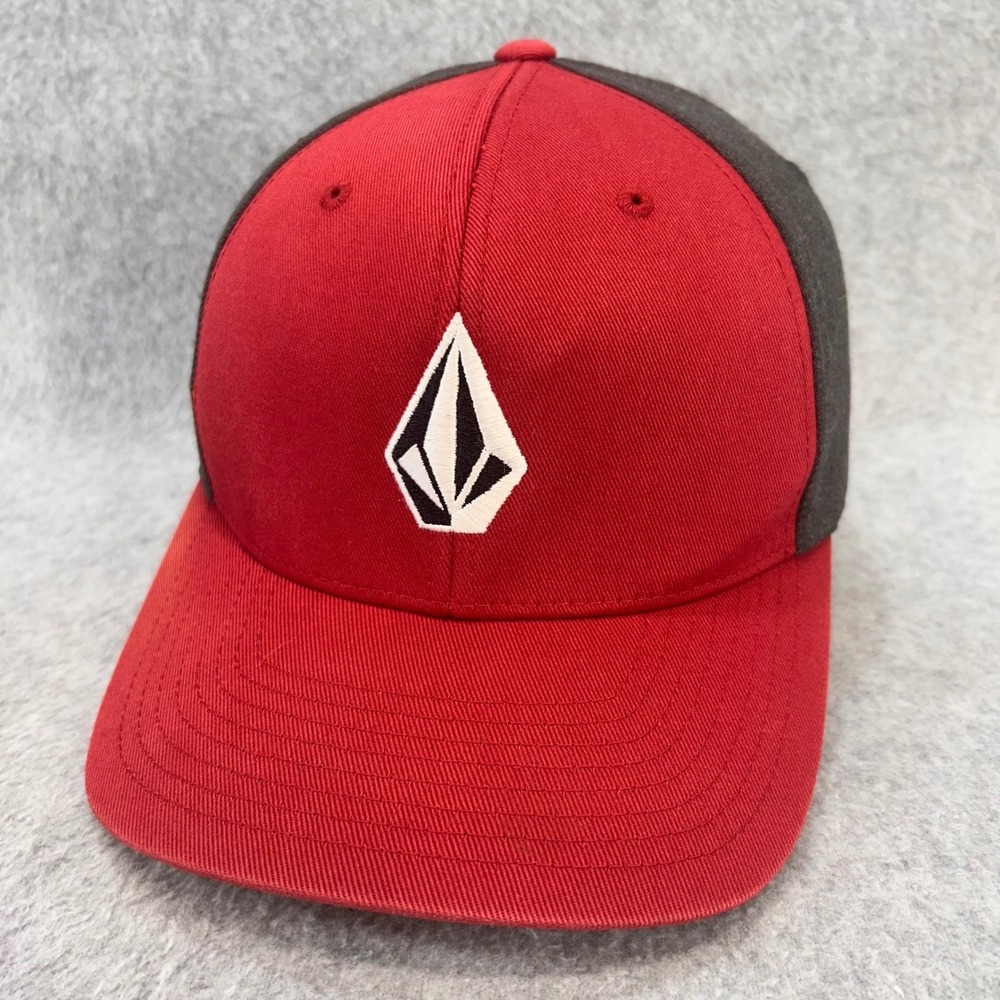 Embroidered Stone Logo Mens Red Gray Volcom Hat Flexfit Stretch Fit L-XL